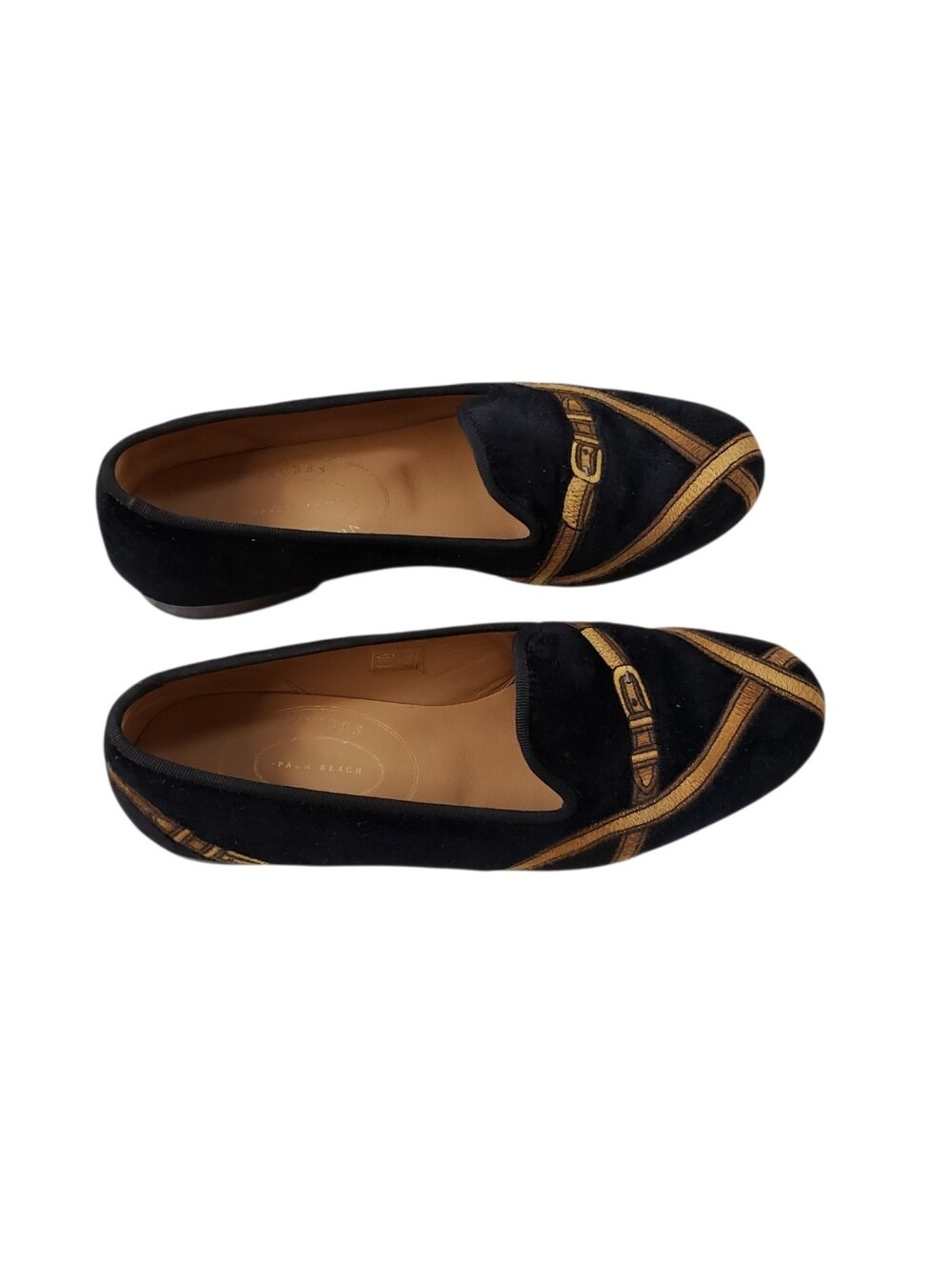 Stubbs & Wotton Black Velvet Embroidered Loafers with Gold Trim - Women Size 7.5 - Picture 2 of 8